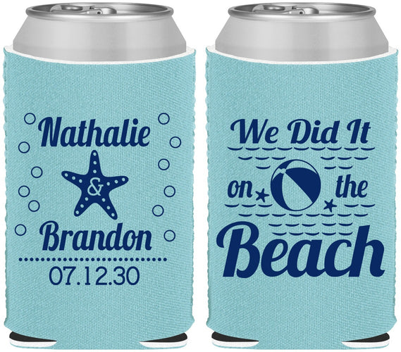 Custom Wedding Neoprene Can Coolers - We Did It On The Beach | 287