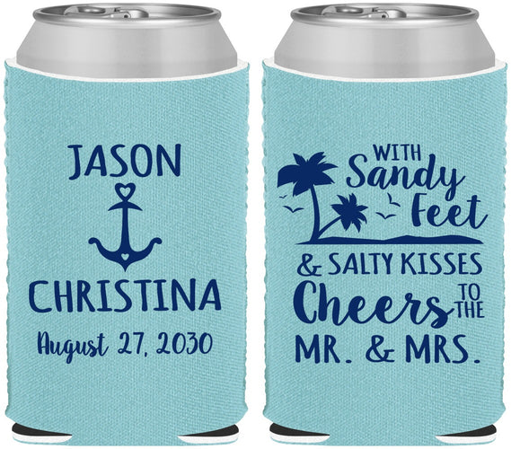 Custom Wedding Neoprene Can Coolers - Sandy Feet Salty Kisses | 290