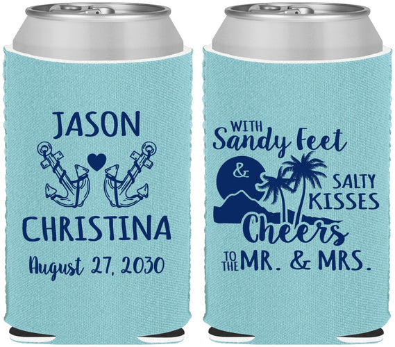 Custom Wedding Neoprene Can Coolers - Sandy Feet Salty Kisses | 291
