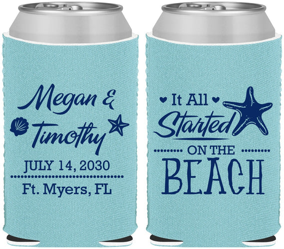 Custom Wedding Neoprene Can Coolers - Started On The Beach | 295