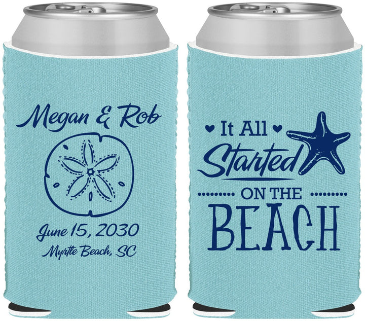 Custom Wedding Neoprene Can Coolers - Started On The Beach | 298