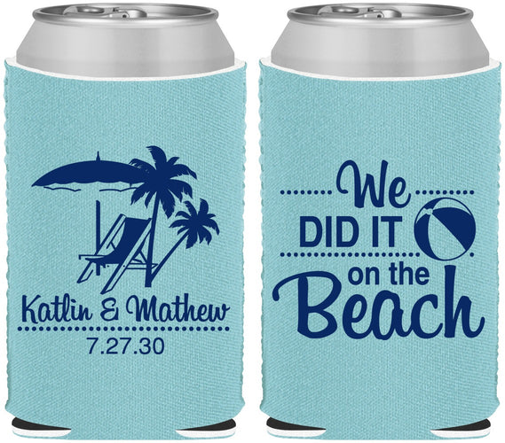 Custom Wedding Neoprene Can Coolers - We Did It On The Beach | 317