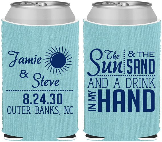 Custom Wedding Neoprene Can Coolers - Sun Sand Drink In My Hand | 319