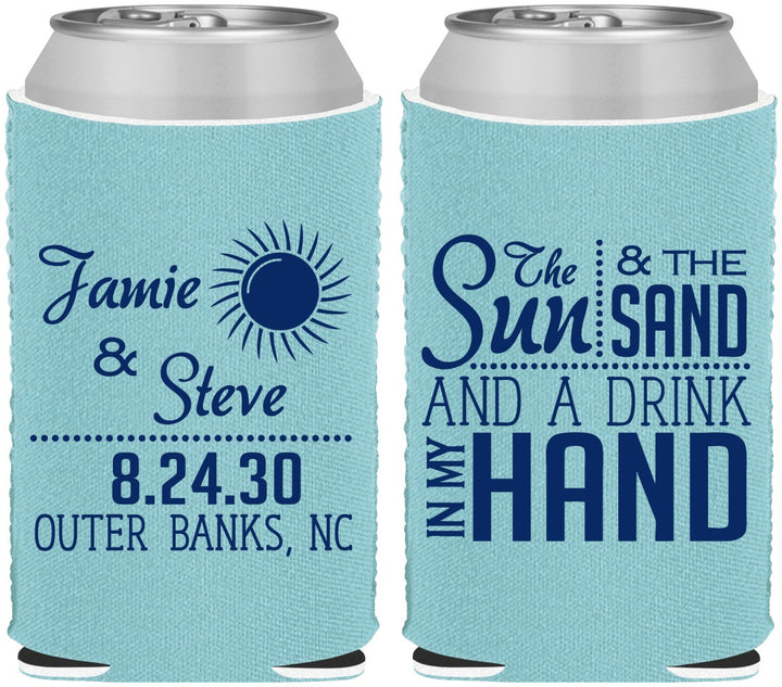 Custom Wedding Neoprene Can Coolers - Sun Sand Drink In My Hand | 319