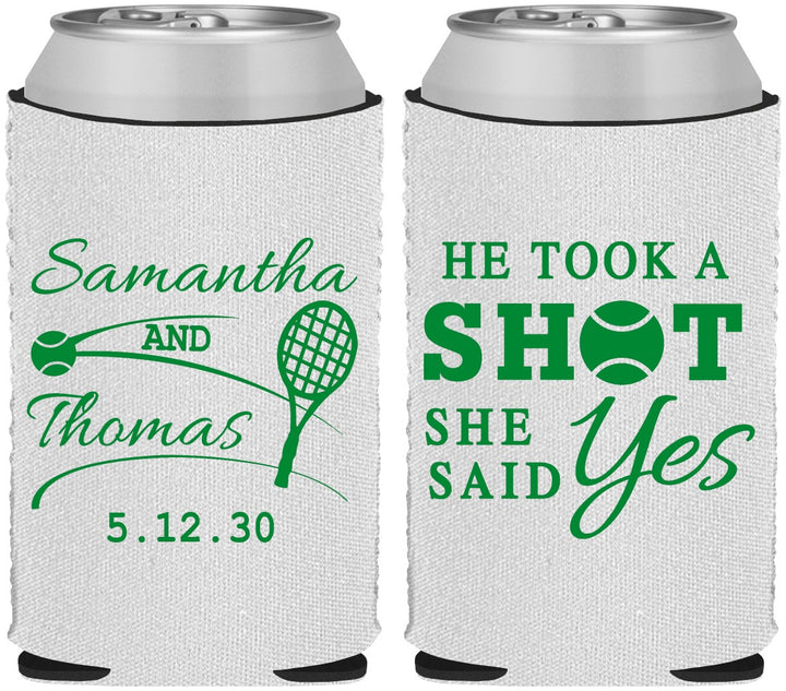 Custom Wedding Neoprene Can Coolers - Took A Shot Tennis | 321