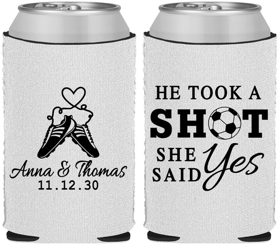 Custom Wedding Neoprene Can Coolers - Took A Shot Soccer | 322