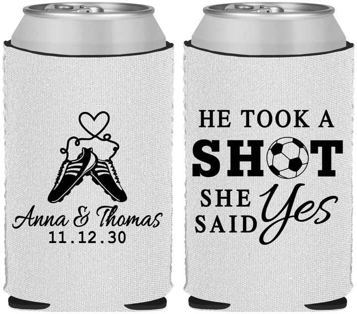 Custom Wedding Neoprene Can Coolers - Took A Shot Soccer | 322