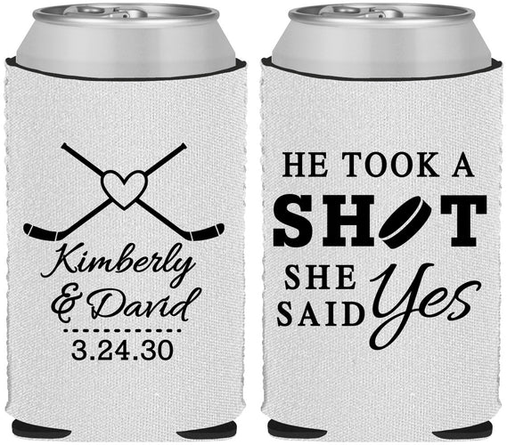 Custom Wedding Neoprene Can Coolers - Took A Shot Hockey | 323