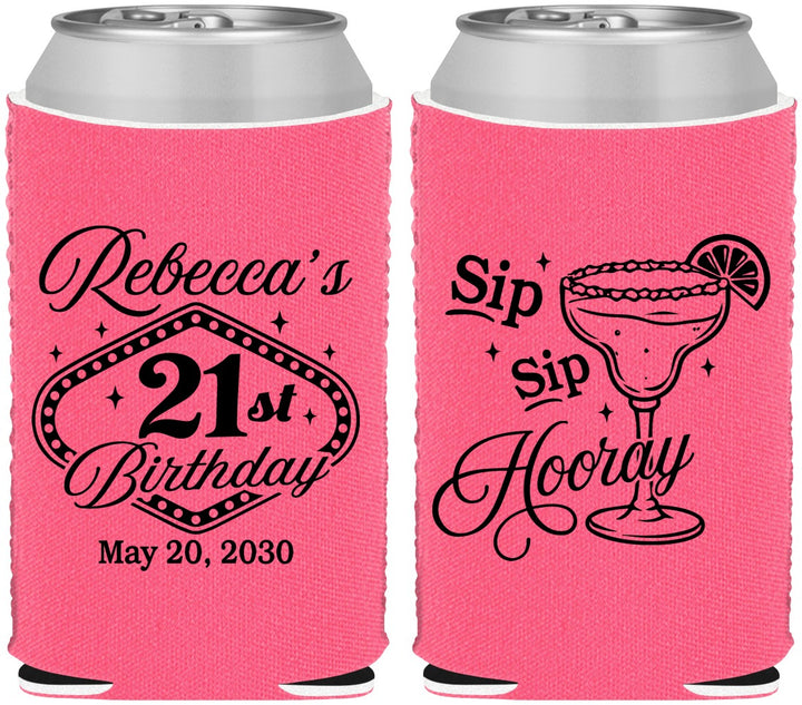 Custom 21st Birthday Neoprene Can Coolers - Sip Sip Hooray Vegas | 340006