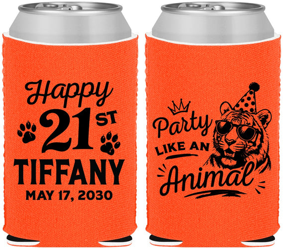 Custom 21st Birthday Neoprene Can Coolers - Party Like An Animal Tiger | 340020