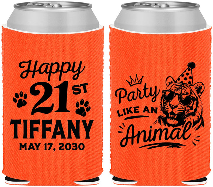 Custom 21st Birthday Neoprene Can Coolers - Party Like An Animal Tiger | 340020