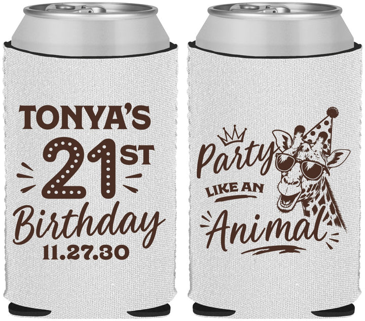 Custom 21st Birthday Neoprene Can Coolers - Party Like An Animal Giraffe | 340022