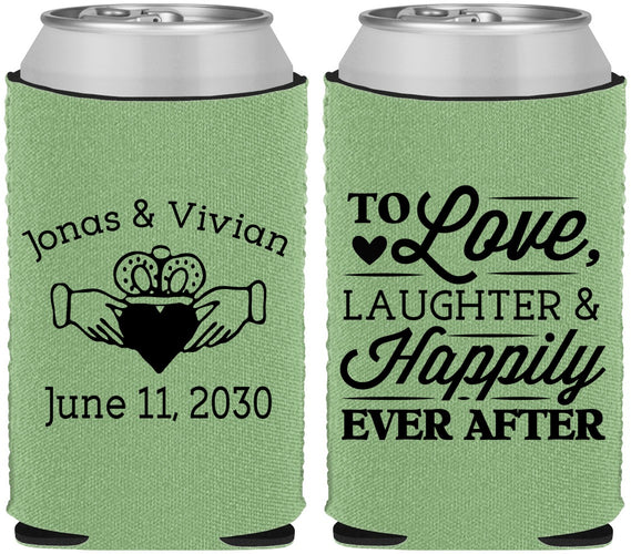 Custom Wedding Neoprene Can Coolers - Love Laughter Happily | 346