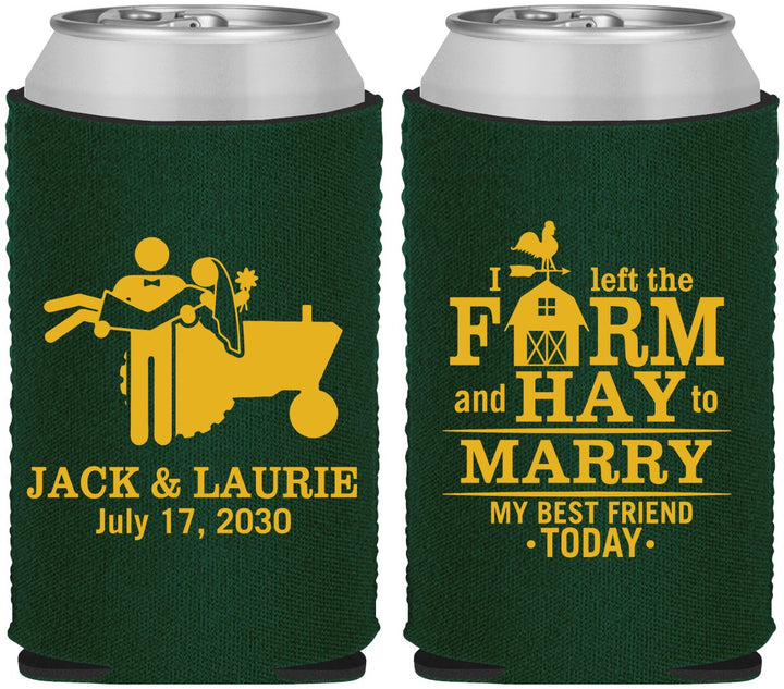 Custom Wedding Neoprene Can Coolers - Left The Farm Tractor | 347