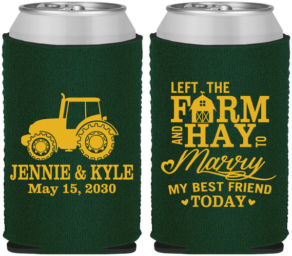 Custom Wedding Neoprene Can Coolers - Left The Farm Tractor | 351
