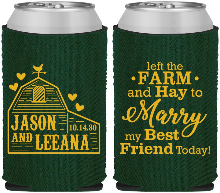 Custom Wedding Neoprene Can Coolers - Left The Farm Tractor | 352