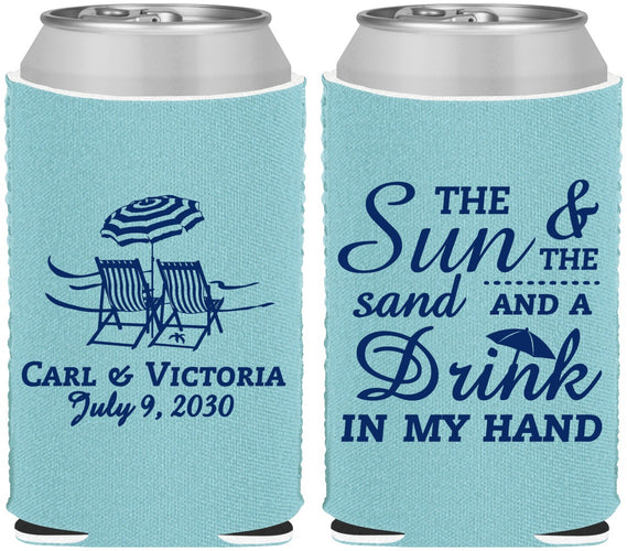 Custom Wedding Neoprene Can Coolers - Sun Sand Drink In My Hand | 353