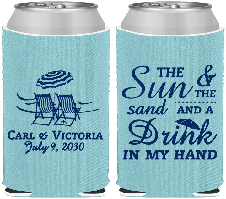 Custom Wedding Neoprene Can Coolers - Sun Sand Drink In My Hand | 353