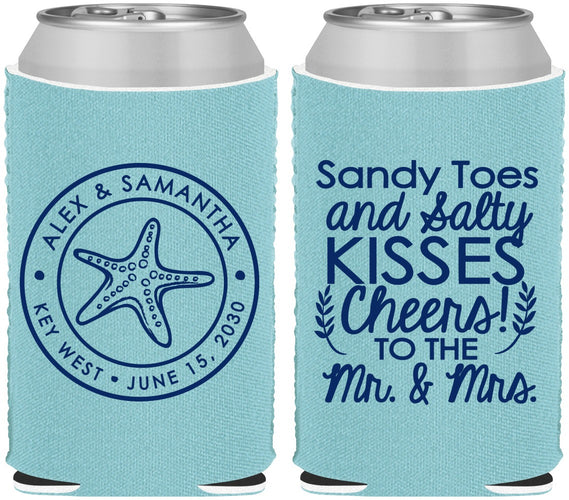 Custom Wedding Neoprene Can Coolers - Sandy Feet Salty Kisses | 355