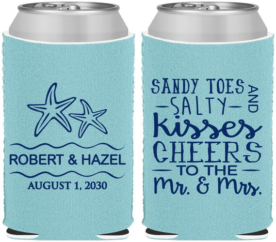 Custom Wedding Neoprene Can Coolers - Sandy Feet Salty Kisses | 356