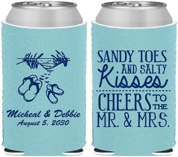 Custom Wedding Neoprene Can Coolers - Sandy Feet Salty Kisses | 357