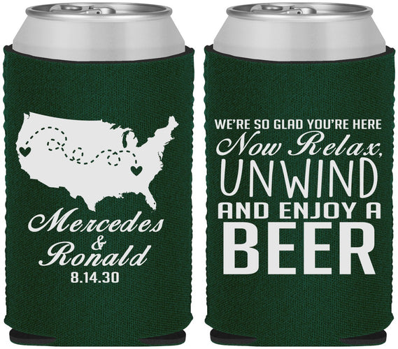 Custom Wedding Neoprene Can Coolers - Relax Unwind Enjoy Beer | 360