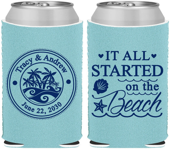 Custom Wedding Neoprene Can Coolers - Started On The Beach | 362