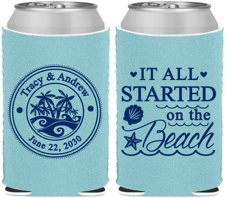 Custom Wedding Neoprene Can Coolers - Started On The Beach | 362