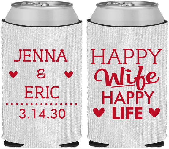 Custom Wedding Neoprene Can Coolers - Happy Wife Happy Life | 393