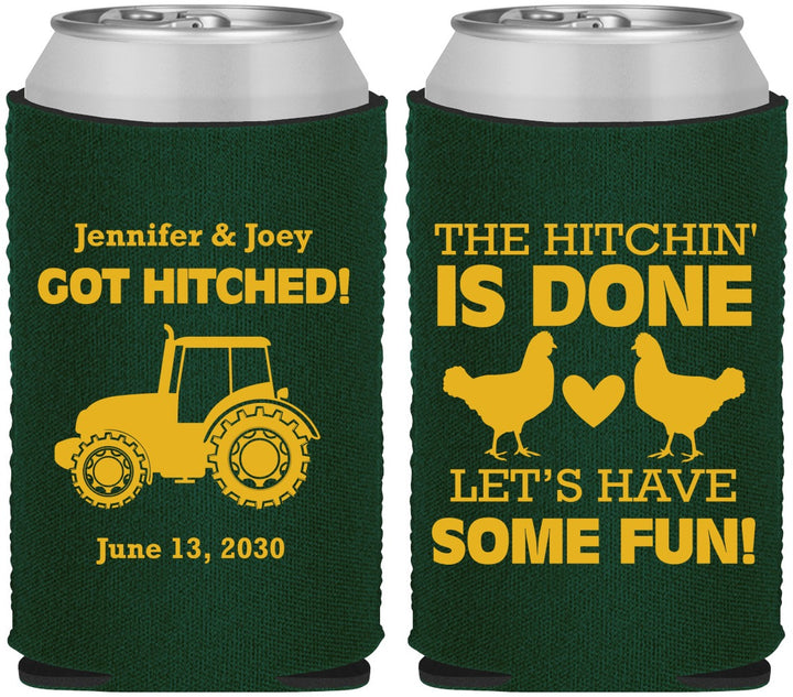 Custom Wedding Neoprene Can Coolers - Got Hitched Tractor | 397