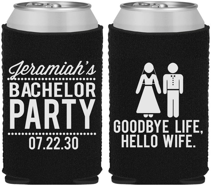Custom Bachelor Party Neoprene Can Coolers - Goodbye Life Hello Wife | 40019