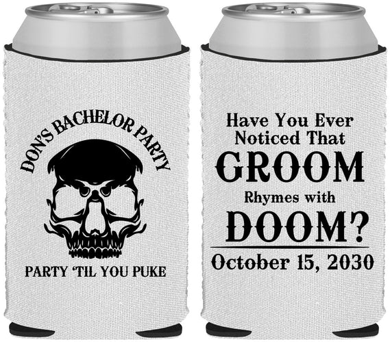 Custom Bachelor Party Neoprene Can Coolers - Groom Doom Skull | 40041