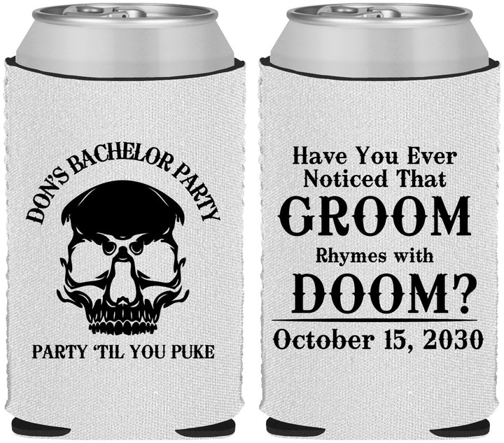 Custom Bachelor Party Neoprene Can Coolers - Groom Doom Skull | 40041