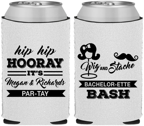 Custom Bachelor Party Neoprene Can Coolers - Wig Or Stache | 40058