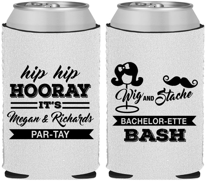 Custom Bachelor Party Neoprene Can Coolers - Wig Or Stache | 40058