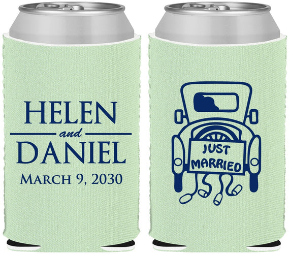 Custom Wedding Neoprene Can Coolers - Just Married Old Car | 413