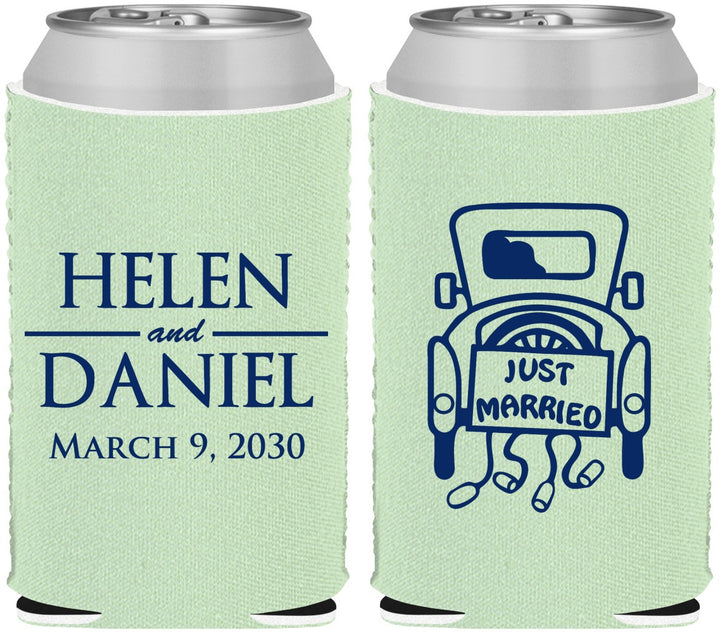 Custom Wedding Neoprene Can Coolers - Just Married Old Car | 413