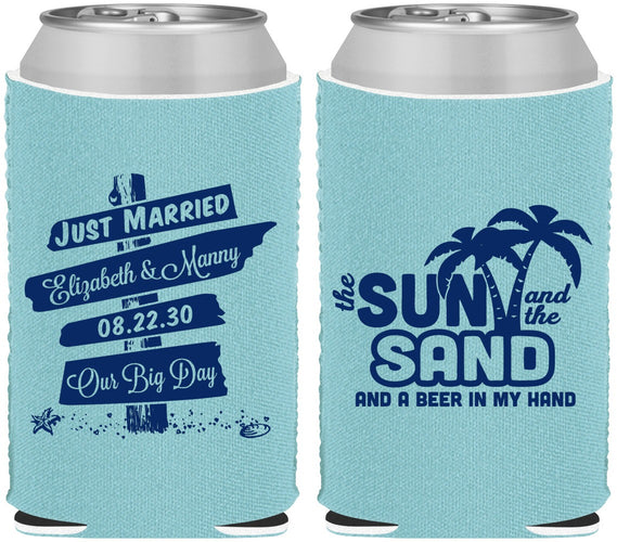 Custom Wedding Neoprene Can Coolers - Sun Sand Drink In My Hand | 416