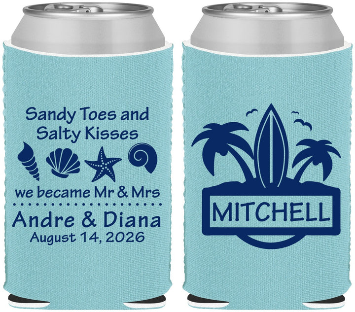 Custom Wedding Neoprene Can Coolers - Sandy Toes Salty Kisses | 419
