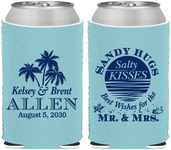 Custom Wedding Neoprene Can Coolers - Sandy Hugs Salty Kisses | 425