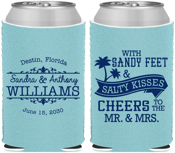Custom Wedding Neoprene Can Coolers - Sandy Feet Salty Kisses | 434