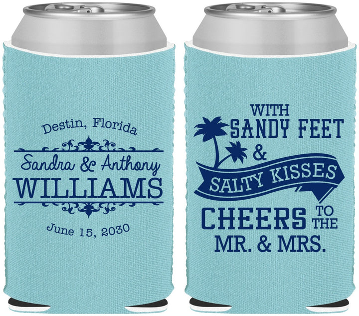 Custom Wedding Neoprene Can Coolers - Sandy Feet Salty Kisses | 434