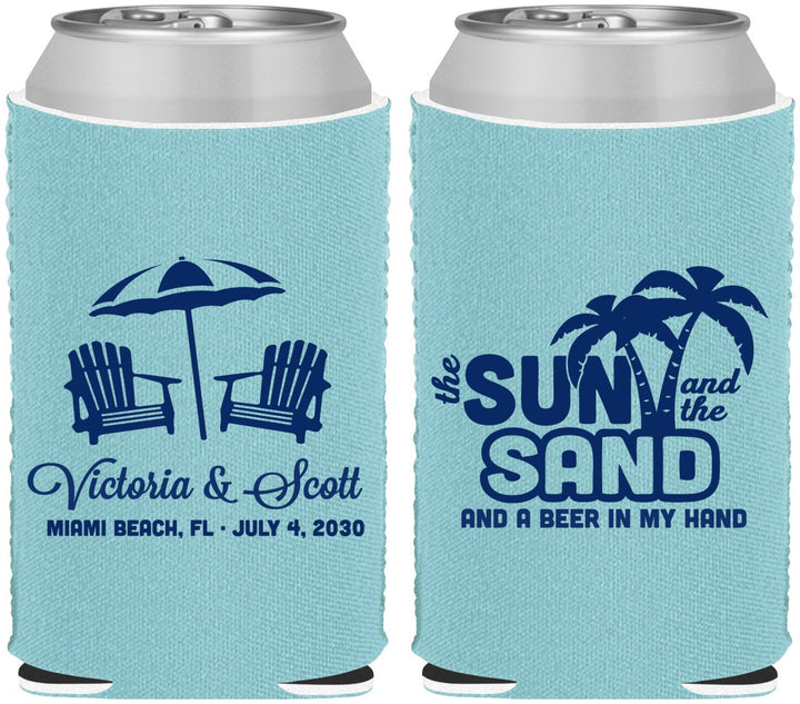 Custom Wedding Neoprene Can Coolers - Sun Sand Drink In My Hand | 479