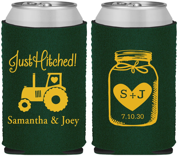 Custom Wedding Neoprene Can Coolers - Just Hitched Mason Jar | 483