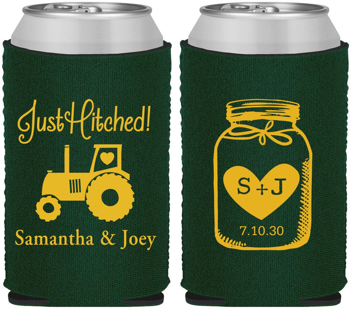 Custom Wedding Neoprene Can Coolers - Just Hitched Mason Jar | 483