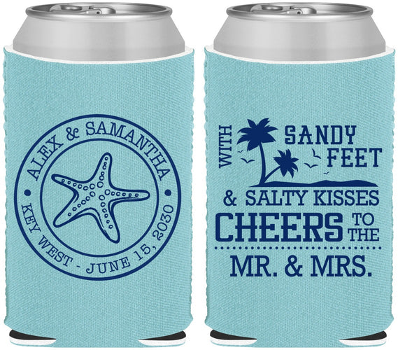 Custom Wedding Neoprene Can Coolers - Sandy Feet Salty Kisses | 488