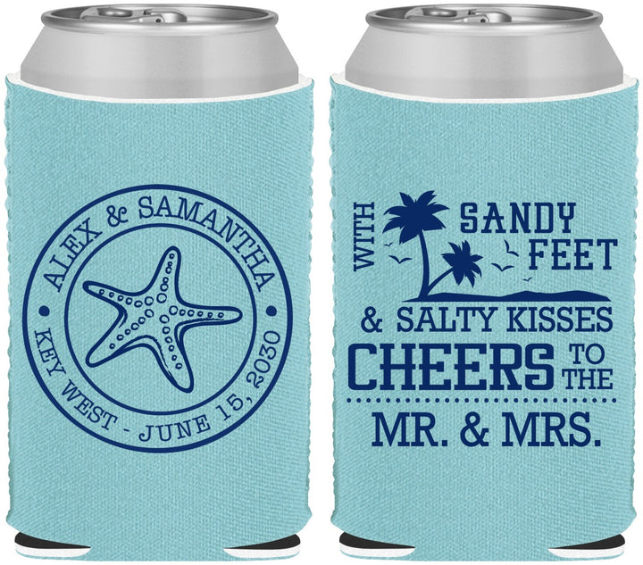 Custom Wedding Neoprene Can Coolers - Sandy Feet Salty Kisses | 488