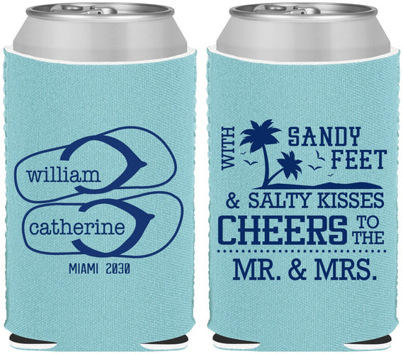 Custom Wedding Neoprene Can Coolers - Sandy Feet Salty Kisses | 490