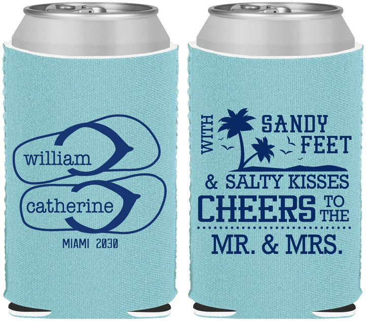 Custom Wedding Neoprene Can Coolers - Sandy Feet Salty Kisses | 490