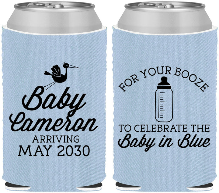 Custom Baby Shower Neoprene Can Coolers - Booze Baby In Blue | 90015